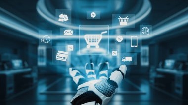 İleri teknoloji perakende satış ortamında e-ticaret simgeleriyle etkileşime giren fütürist bir robot el, online alışveriş ve teknoloji entegrasyonunun geleceğini sembolize ediyor. Auvana