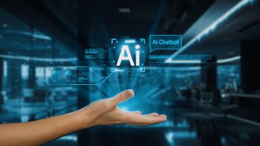 Dijital elementler ve yenilik ve teknolojiyi vurgulayan modern ofis ortamının yer aldığı yapay zeka sohbet robotu konseptini tutan bir elin gelecekteki temsili. Auvana