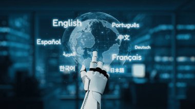 Robotik bir el, küresel iletişimi ve bağlantıyı sembolize eden parlak bir küreyi göstererek şık bir şehir zeminine karşı çeşitli diller sergiliyor. Auvana