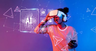 VR kulaklık takan bir kişi heyecan verici bir şekilde yapay zekaya bağlanıyor, dinamik ortamlarda teknoloji ve kullanıcı deneyiminin kesişimini gösteriyor. XDMCP