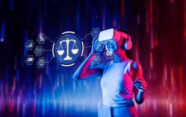 Bu resim, modern toplumdaki yapay zeka, hukuk, etik ve dijital güvenlik arasındaki karmaşık ilişkileri keşfetmek için sanal gerçeklik teknolojisini kullanan bir kadını gösteriyor. XDMCP