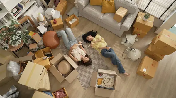 Oturma odasının zemininde karton kutuyla çevrili yatan lezbiyen çiftin hikayelerini kitapla paylaşırken en tepeden aşağıya bakışı. Mutlu aşıklar birlikte vakit geçirir ve birlikte gülerler. Myrmidon.