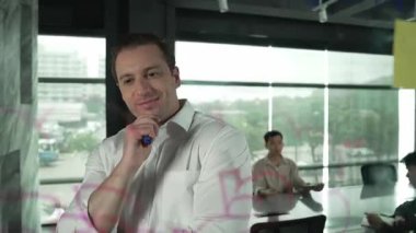 Akıllı lider işadamı cam tahtanın önünde proje başlatmayı düşünüyor. Gülümseyen erkek proje yöneticisi yaratıcılık pazarlama stratejisini gösteren renkli yapışkan notlara bakıyor. Yönlendirici.