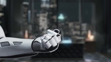 Fütürist Robot El Arkaplanda City Skyline ile Bulut Arayüzü 'ne Dosya Simgelerini Bırakıyor. Auvana