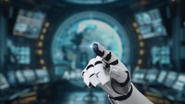 Zarif bir robot el, modern teknoloji ortamında maksimum ve minimum ayarlar için maksimum değer ayarlama seçeneklerini gösteren yüksek teknolojili bir dijital arayüze bağlanır. Auvana