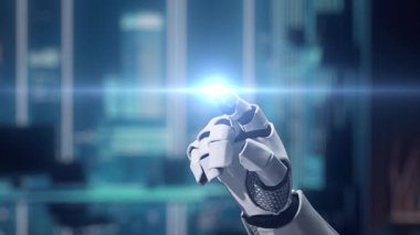 Fütürist bir robot el, parlak bir bulut teknolojisi arayüzüne dokunuyor. Parlak çalışma alanındaki dijital simgelerle. Video yenilik ve veri yönetimini sembolize ediyor. Auvana