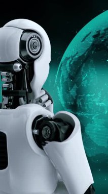 AI robot huminoid uses cloud computing technology to store data on online server . Futuristic concept of cloud information storage analyzed by machine learning process . 3D rendering .