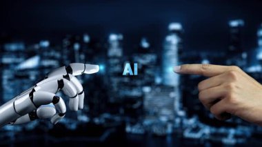 Gelecekçi robot yapay zeka yapay zeka yapay zekayı aydınlatıyor ve makine öğrenme kavramını geliştiriyor. İnsan hayatının geleceği için küresel robot kuantum bilimi araştırması. 3B görüntüleme grafiği.