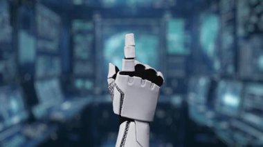 Robotik el, dijital depolama, yapay zeka ve iletişimi temsil eden parıldayan bulut teknolojisi ikonlarına işaret ediyor. Auvana