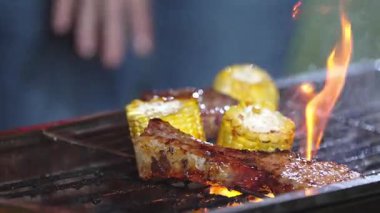 Aile yıldönümünü bahçede kutluyor. Akşam yemeği için aile üyesi ızgara yemek. Açık hava kamp aktivitesi lezzetli yiyeceklerle rahatlamak ve nesiller arası tatlı akrabalarla vakit geçirmek. Uyumsuzluk.