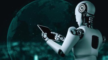 Büyük veri analizi için tablet bilgisayar kullanan robot insansı yapay zeka, yapay zeka ve 4. endüstriyel devrim için makine öğrenme yöntemlerini kullanıyor. 3B görüntüleme.