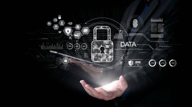 Modern bir arka planda siber tehditlere karşı korunma ve gizliliği vurgulayan dijital asma kilidi ve elleri içeren veri güvenliğinin görsel temsili. Dörtgen