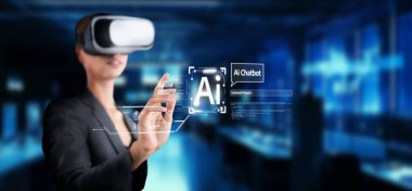 Sanal gerçeklik ve yapay zeka sohbet robotu teknolojisinin modern bir füzyonunu keşfedin, gelişmiş kişisel yardım için yenilikçi dijital çözümlerle uğraşan bir kullanıcıyı gösterin. XDMCP