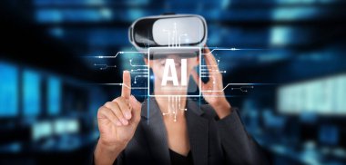 Sanal gerçeklik gözlüğü takan bir kadın yapay zeka teknolojisiyle modern bir çalışma alanında etkileşime giriyor, yüksek teknolojili bir ortamda yenilik ve dijital bağlılık sergiliyor. XDMCP