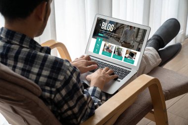 blogging concept, web blog Social Media Information network snugly. social media online content, freelance worker, working online, content creator, blogger, website, reading blog online on computer