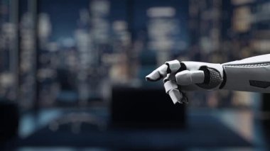 Dijital simgelerle çevrili parlayan bir bulut ikonuna uzanan fütürist robotik elin yakın plan görüntüsü, şık bir şehir ofisinde gelişmiş bulut teknolojisini sembolize ediyor. Auvana