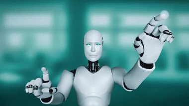 AI hominoid robot touching virtual hologram screen showing concept of big data analytic using artificial intelligence thinking by machine learning process. 3D rendering.