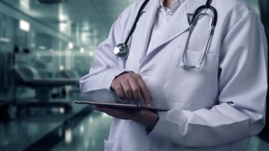 Laboratuvarda geçmişi bulanık bir şekilde duran beyin hologramıyla elinde tablet bulunan tıbbi işçilere yakın çekim. Doktor beyin araştırmalarında hasta semptomlarını kontrol ediyor. Teknoloji. İyileştirici.