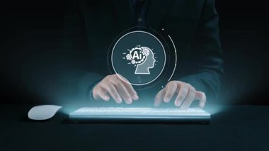 Yapay zeka mühendisliği, büyük veri ve yapay zeka makinesi kavramında yapay zeka beyin işlemcisiyle iş desteği için üretken yapay zeka kullanmayı öğrenen insan etkileşimi. Kullanıcı Kimliği