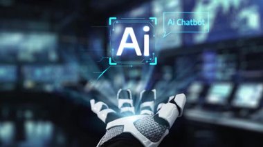 Teknoloji alanlarındaki yeniliği ve etkileşimi sembolize eden, robotik bir elle dijital arayüzle gösterilen fütürist bir yapay zeka sohbet robotu konsepti. Auvana