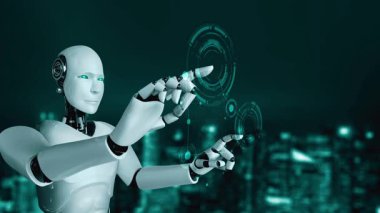 AI robot huminoid uses cloud computing technology to store data on online server . Futuristic concept of cloud information storage analyzed by machine learning process . 3D rendering .