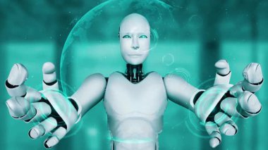 AI hominoid robot holding virtual hologram screen showing concept of big data analytic using artificial intelligence thinking by machine learning process. 3D rendering.