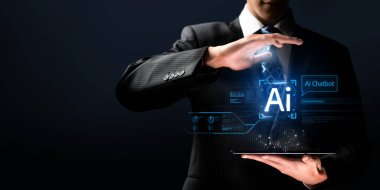 Yapay zeka sanal asistanı Chatbot ile yapay zeka konsepti ile insan etkileşimi, yapay zeka mühendisliği, LLM yapay zeka derin öğrenimi iş desteği için üretken yapay zeka kullanımı. FaaS