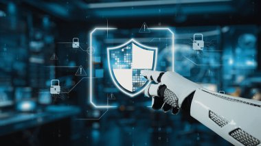 Gelecekçi bir robot kolu dijital güvenlik arayüzüne bağlanıyor, modern teknoloji ortamında gelişmiş siber güvenlik önlemleri ve koruma sistemleri sergiliyor. Auvana