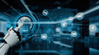 Bir robot el modern ofis ortamındaki teknoloji ikonlarıyla çevrili dijital bir küreye dokunarak yenilik, bağlantı ve ileri teknolojinin karışımını sergiliyor. Auvana