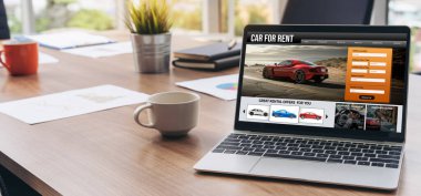 car rental website on computer screen for tourist to rent a car for transportation snugly