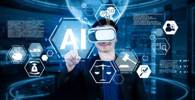 Akıllı proje yöneticisi AI sohbet hologramına işaret ediyor ve modern ofiste kulaklık takıyor. Profesyonel iş adamı bulanık geçmişi olan artırılmış gerçeklik gözlükleri üzerinde çalışıyor. Teknoloji. Yaratıcılık.