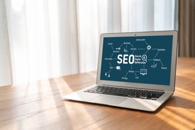 Model e-ticaret için SEO arama motoru optimizasyonu ve bilgisayar ekranında gösterilen çevrimiçi perakende işi
