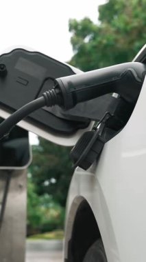 Elektrikli araba parkı ve şarj istasyonunun yanında şarj edilen enerji konseptinin sürdürülebilirliği. Çevresel koruma için yenilenebilir enerji tarafından kullanılan elektrikli araç.