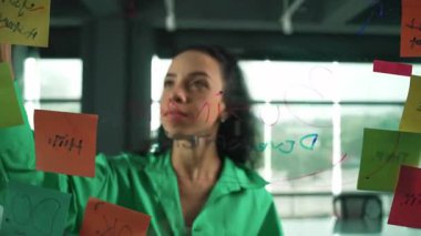 Zeki, profesyonel İspanyol iş kadınının portresi renkli yapışkan notlarla cam tahtaya pazarlama fikirleri yazıyor. Genç yönetici, analiz iş planının zihin haritasını çiziyor. - Yakın çekim. Yönlendirici.