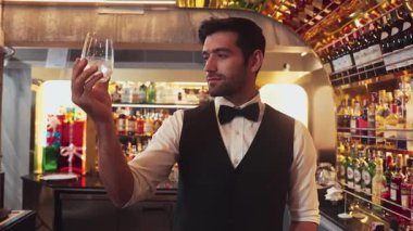 İçki tezgahındaki müşteriye içki servisi için buzlu akıllı barmen soğutma bardağı. Cazibeli profesyonelliğiyle hoş geldin içeceği. Kulüpte ilk izlenimi veren harika bir karşılama tahmini. Vinosity.