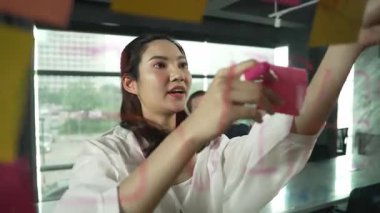 Genç kendine güvenen iş kadını projeyi uzman yatırımcıya sundu. Profesyonel proje yöneticisi başlangıç projesini açıklamak için yapışkan notlar kullanır, beyin fırtınası fikirlerini yatırımcıya paylaşır. Yönlendirici.