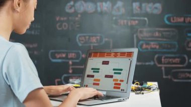 Mühendislik koduyla ya da daktilo yazısıyla tahtaya otururken el sallayan liseli kız. Genç akademisyen selamlaması ve kameraya bakması. Yaratıcı eğitim konsepti. Öğretim