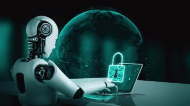 AI robot huminoid uses cloud computing technology to store data on online server . Futuristic concept of cloud information storage analyzed by machine learning process . 3D rendering .