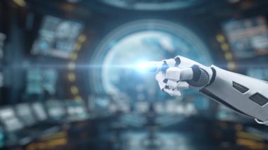 Fütürist bir robot el, holografik ikonlarla çevrili dijital bir arama arayüzü ile etkileşime girer, gelişmiş teknolojiyi ve yapay zeka yeniliklerini sembolize eder. Auvana