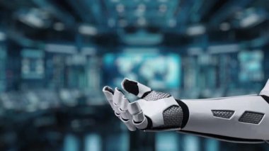 Robotik bir el, bugün ileri teknoloji ortamında veri yönetimi ve bağlantıyı temsil eden dijital simgeleri gösteren parlayan bir bulut sembolüne doğru uzanır. Auvana