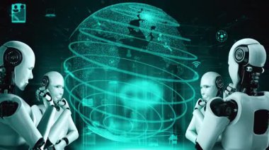 Internet connection controlled by AI robot huminoid and machine learning process to analyze data connectivity and cyber security . 3D rendering .