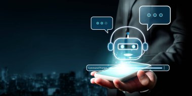 Gelişmiş iletişim teknolojisini temsil eden fütüristik elementler ve diyalog baloncuklarıyla çevrili bir yapay zeka sohbet robotu arayüzünün parlak ve modern bir görüntüsü. XDMCP