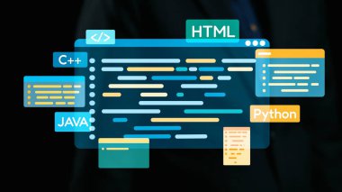 Renkli dijital kod parçacıkları ile farklı programlama dillerinin görsel olarak çarpıcı bir temsili karanlık bir arkaplan karşısında HTML, Python, Java ve C gösterilir. Dörtgen
