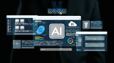 Modern bir iş ortamında birden fazla ekranda yapay zeka analizlerini gösteren gösterişli bir dijital ekran, veri analizi ve karar verme sürecindeki teknoloji rolünü vurguluyor. Dörtgen