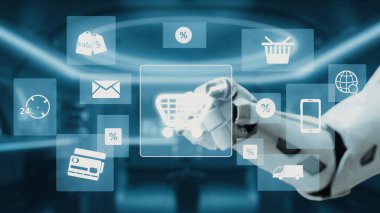 Bir robot el, çevrimiçi alışverişin geleceğini temsil eden ekommerce simgelerinin gösterimiyle etkileşime girer. Bu resim teknoloji ve perakende yeniliğinin kesişimini gösteriyor. Auvana