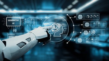 Gösterişli bir robot el, üretken yapay zeka verilerini gösteren, gelişmiş teknolojileri ve gelecekteki potansiyel yenilikleri gösteren holografik bir arayüzle etkileşime girer. Auvana