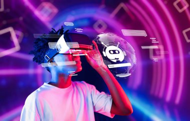 Genç bir birey sanal gerçeklik kulaklığıyla ilgilenir, renkli, fütüristik dijital bir manzarada yapay zeka sohbet robotuyla etkileşime girer, teknoloji ve yenilik sergiler. XDMCP