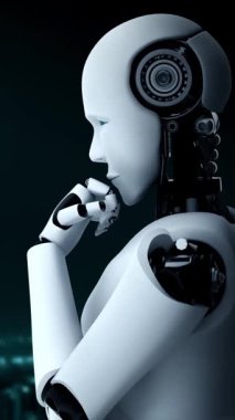 AI robot huminoid uses cloud computing technology to store data on online server . Futuristic concept of cloud information storage analyzed by machine learning process . 3D rendering .