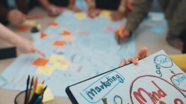 Bir masanın etrafında beyin fırtınası yapan, pazarlama ve iş stratejilerine odaklanmış renkli bir zihin haritası sergileyen dinamik bir grubu canlandıran canlı bir sahne. SACTR