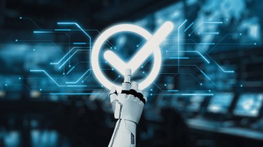 Robotik bir el, modern dijital manzara ve kullanıcı arayüzündeki teknoloji ve otomasyonun füzyonunu vurgulayan parıldayan bir işaret sembolü ile etkileşim halindedir. Auvana